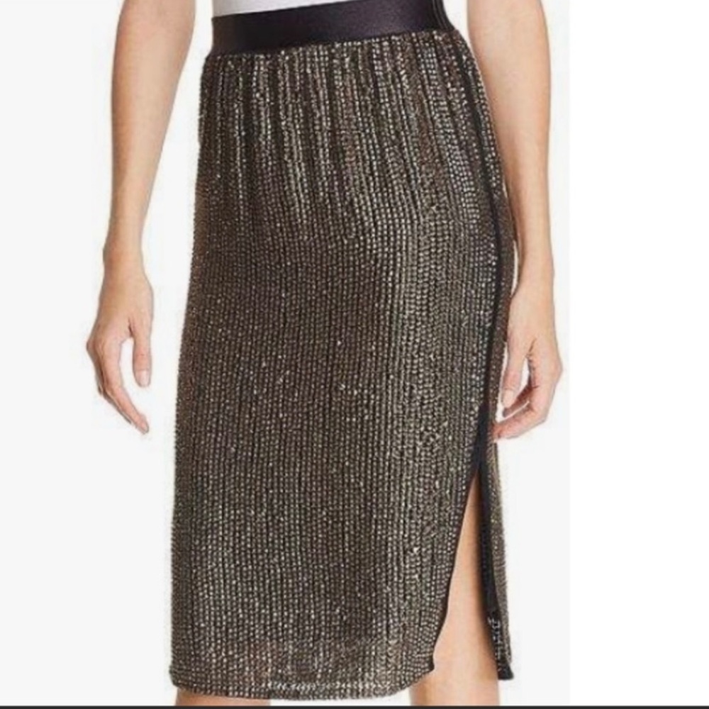 Joie Malloren Gunmetal Pyramid Stud sequined Midi Skirt side slit & zip. New - Picture 2 of 9